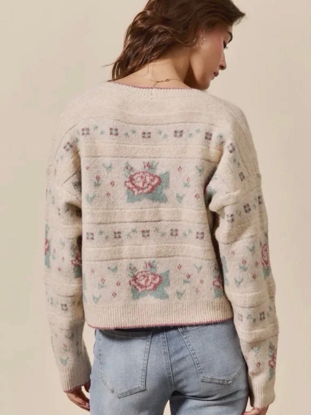 SO ME Floral Pattern Cardigan Long Sleeve Button Sweater Size Large - Picture 5 of 6